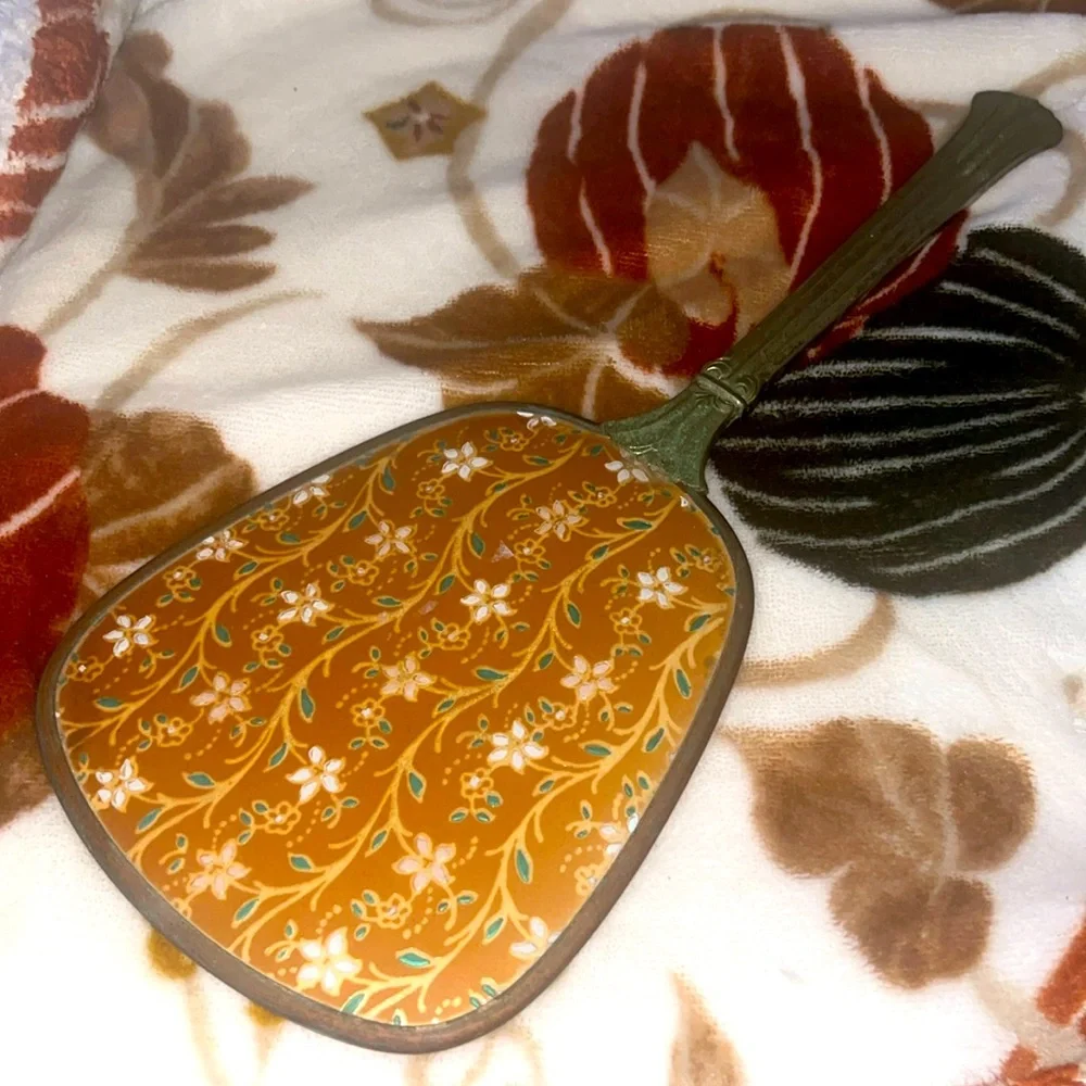 Antique hand mirror floral silver orange boho